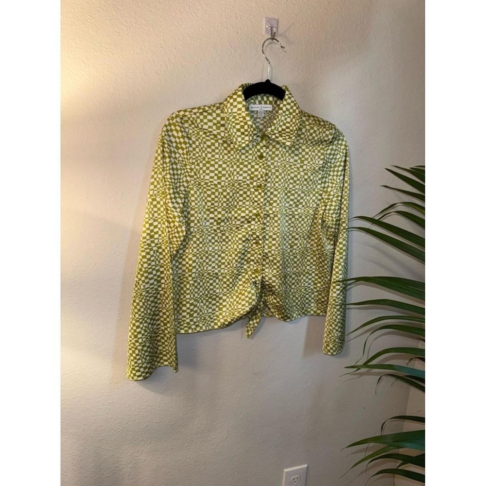 Tie-Front Checker Button-Up Shirt Chartreuse White Women Long Sleeve Cropped Top